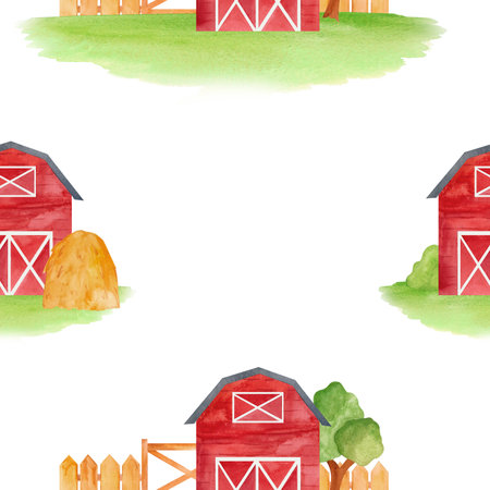 Farm landscapes. Watercolor illustration in a seamless pattern. Featuring barns, gates, and greenery, this design evokes rural charm and is ideal for decor, crafts, and rustic-themed designs."の写真素材