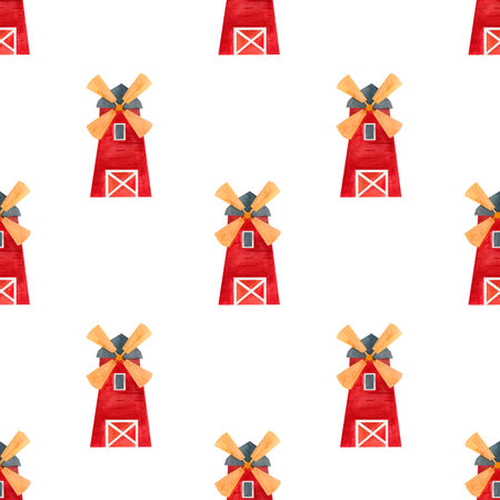 Red windmill farm seamless pattern watercolor illustrations farm barn. The soft, rustic design highlights rural charm, making it ideal for fabric prints, wrapping paper, and countryside projects.の写真素材