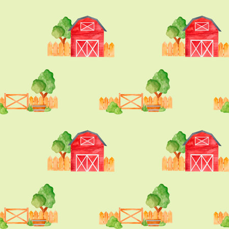 Farm elements like barns, gates, and rural scenery. A picturesque watercolor pattern in a seamless design. Perfect for projects highlighting countryside beauty: fabric, home decor, or stationeryの写真素材