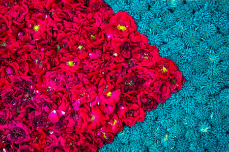 Beautiful diagonal bright floral background made of yellow marigold , blue allium bulbs, purple...