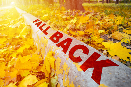 Fall Time Change concept. Yellow Leaves and words Fall Time on cement border in autumn park. Perspective, Diagonalの写真素材
