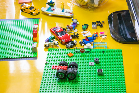 KROPIVNITSKIY, UKRAINE â 12 MAY, 2018: Stop motion animation process with Lego details and toy cars. Ð¡reating video clip, expose stop motion elements to create animations using a DSLR cameraのeditorial素材