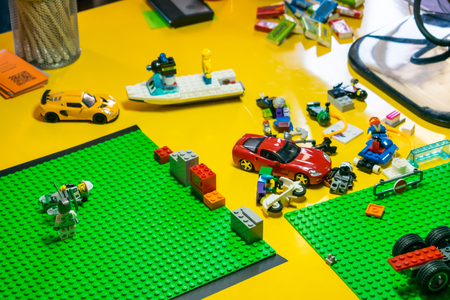 KROPIVNITSKIY, UKRAINE â 12 MAY, 2018: Stop motion animation process with Lego details and toy cars. Ð¡reating video clip, expose stop motion elements to create animations using a DSLR cameraのeditorial素材