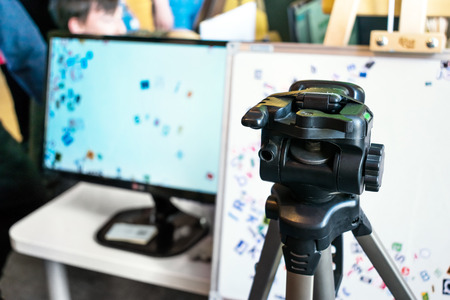 KROPIVNITSKIY, UKRAINE â 12 MAY, 2018: Stop motion animation process with magnetic letters, paper alphabet on board and computer monitor with the program for creating animations.のeditorial素材