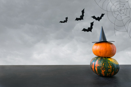 Halloween mockup, banner, background. Two pumpkins with witch hat against the gloomy sky, fog, black bats and spider net. Pumpkins At gloomy day Halloween Sceneの写真素材