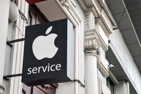 KIEV, UKRAINEÂ¬ â€“ 19 September, 2018: Apple Store service logo at the street. Apple service...