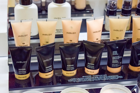 KIEV, UKRAINEÂ¬ â 19 September, 2018: Decorative cosmetics samples and testers INGLOT, Shop makeup products, INGLOT cosmetic and beauty storeのeditorial素材