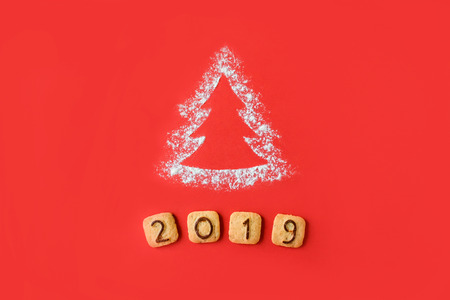 Flour Silhouette Christmas Tree with cookies digits 2019 on red background. Delicious bakery sweet confectionery Christmas card. Idea of merry new year xmas 2019 holidayの写真素材