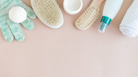 Spa wellness beauty mock up, flat lay of various beauty care products on pastel background, blank...