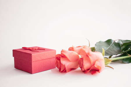 Fresh red roses and red bow gift box on white background. Valentines Day, love, romance mock up,...