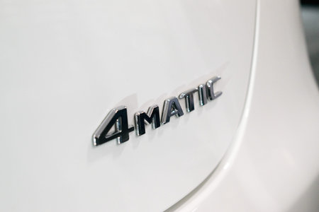 KROPIVNITSKIY, UKRAINE  â 27 September, 2018: Close up logo 4matic on Mercedes Benz, new car at motor show, Automobile Salon , selective focusのeditorial素材