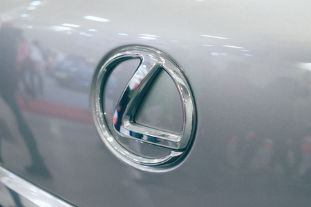 KROPIVNITSKIY, UKRAINE  â 27 September, 2018: Close up Lexus metac logo closeup on the Lexus car at motor show, Automobile Salon. Lexus new luxury car, selective focusのeditorial素材