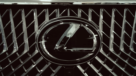 KROPIVNITSKIY, UKRAINE  â 27 September, 2018: Close up Lexus metac logo closeup on the Lexus car at motor show, Automobile Salon. Lexus new luxury car, selective focusのeditorial素材