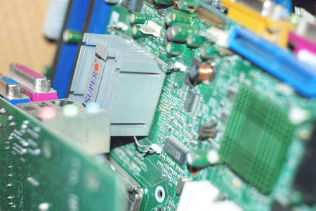 Many PC Computer motherboards. Circuit cpu chip mainboard core processor electronics devices. Old...