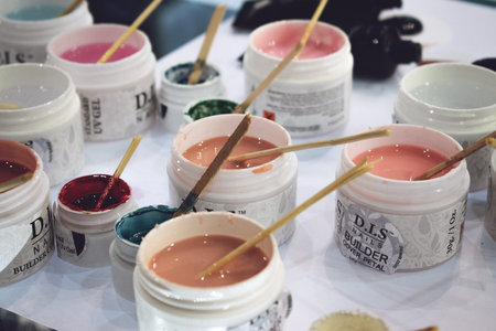 Kiev, Ukraine â 19 September, 2018: Gel Polish Remover bottles for nail stylist on Showcase in beauty store.のeditorial素材