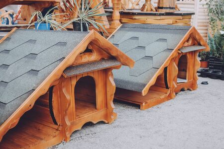 Modern eco friendly wooden doghouse on shop, market.の写真素材