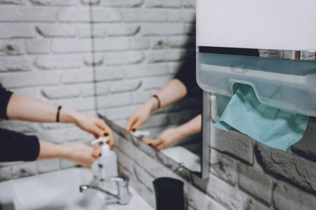 Coronavirus protection hand hygiene. Paper towels and alcohol gel antibacterial soap sanitizer in...