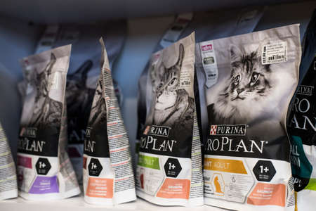 Pet shop. Dog and cat Food Products On Animals Supermarket Shelf. Kropivnitskiy, Ukraine, July 28, 2020.のeditorial素材