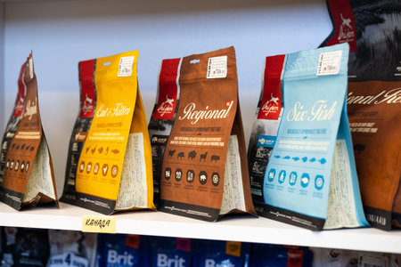Pet shop. Dog and cat Food Products On Animals Supermarket Shelf. Kropivnitskiy, Ukraine, July 28,...