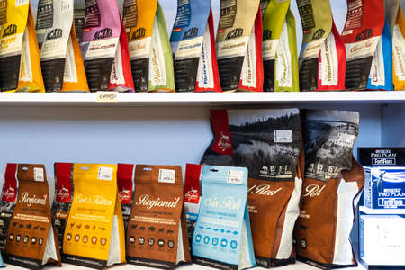 Pet shop. Dog and cat Food Products On Animals Supermarket Shelf. Kropivnitskiy, Ukraine, July 28, 2020.のeditorial素材