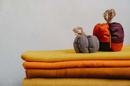 Small Fabric Knit Decorative Pumpkin. Handmade, Autumn Fall Decor, Thanksgiving and Halloween Table Decor. DIY Crafts, How to Make Handmade Pumpkin out of Fabric for Home Decor Tutorial.の写真素材