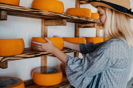 Goat Cheese Wheel in female hands on rack in factory warehouse. Several mature cheese heads on...