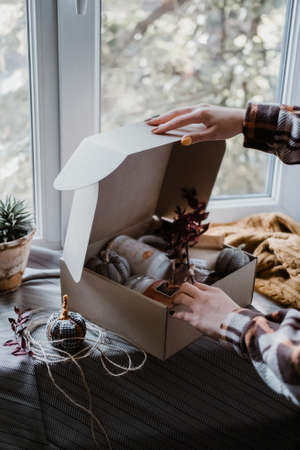 Fall Gift Zero Waste Basket Ideas, Fall themed care package. Thanksgiving season gift box with fabric pumpkins, organic soy candle, cocoa powder, marshmallows, white cup in cardboard boxのeditorial素材