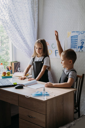 Distance learning, home education, remote lessons concept. Two schoolchildren, brother and sister in...