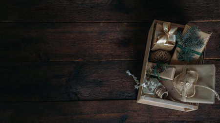 Sustainable Christmas, zero waste gifts, natural xmas decorations. Wrapping Christmas gifts in...