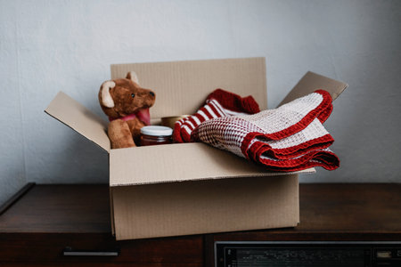 Donation box, Charity Gift hampers, Help Refugees and homeless. Christmas Xmas Charity Donation box with warm clothes, food and toys at home. Charities giving winter hampers to families in needの写真素材