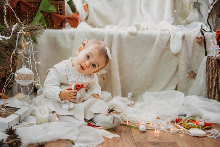 Cute baby toddler girl near the Christmas tree with toys and garlands at home. Cute little baby girl with christmas toys and gifts decorates the xmas tree at homeの写真素材