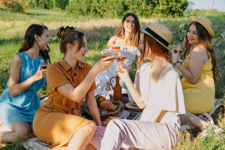 Friends having picnic in the countryside. Group of young women sitting on blanket in park near...