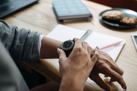 Time management, planning, Stop Wasting Time, use time productively and efficiently. Woman looking...