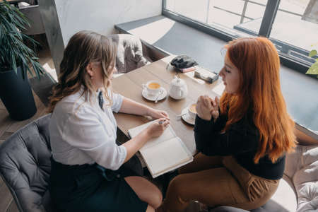 Mental health, wellness, support, emotional stress, therapy concept. Communication session of woman psychologist and client. Psychotherapy or talk therapyの写真素材