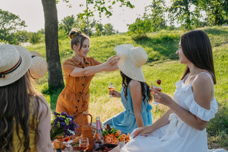 Young women girl friends at picnic.