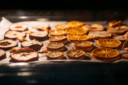 How To Dry Orange Slices for Christmas Decorating. Oranges drying in oven on metal rack and baking paper. Selective focusの写真素材