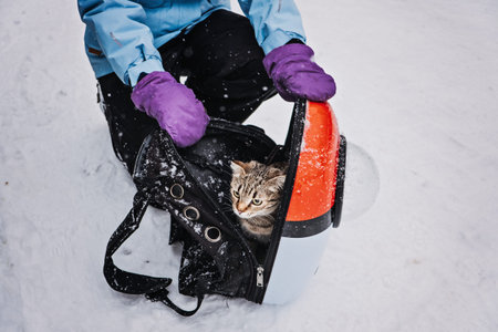 Young woman walk with Cat in Pet Carrier Backpack in winter park, forest. Bubble Backpack Carrier for Cats, Pet Travel, Hiking, Walking and Outdoor Use.の写真素材