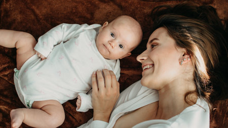 Mental Health in Postpartum Time. Maternal Mental Health. Pregnancy And Postpartum Disorders, postpartum baby blues, depression. Portrait of mother and newborn babyの写真素材