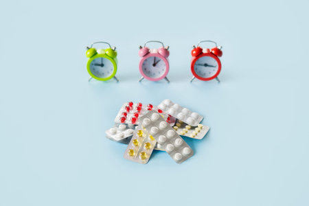 Medication Reminders. Pills, drugs work bedtime, schedule. Time to take medication. Color Alarm...