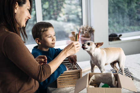 Support local business, small business. Pet shop owner, mom and kid putting bone in Pet Subscription...