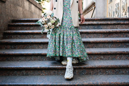 Contemporary modern trendy Hipster bride in informal dress and sneakers with Edible Wedding Bridal...