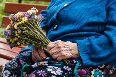 Senior people support. Charities for Elderly People. Close up of senior woman hands with flowers bouquet.の写真素材