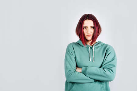 Studio shot of purple hair Hoody woman in long sleeve tracksuits hoodie activewear setの写真素材