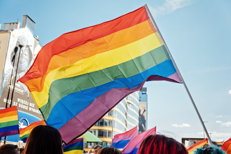 LGBT parade, pride month in Warsaw. Polish and Ukrainian activists march for LGBTQ rights, Equality Parade. Warsaw, Poland, June 25, 2022のeditorial素材