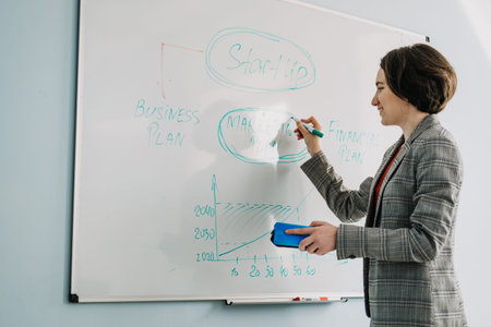 Startup Business Plan. Young businesswoman manager, team leader, Investor writing on the board...