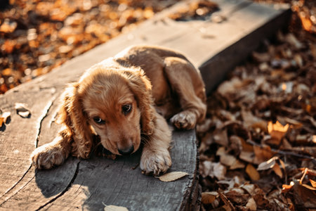 Seasonal Feeding for Dogs in Autumn. Outddors portrait of Cute cocker spaniel puppy in autumn parkの写真素材