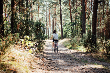 Bicycle Tourism. Road Biking Trails. Bicycles for rent. Single woman riding bike in pine forest in sunny dayの写真素材
