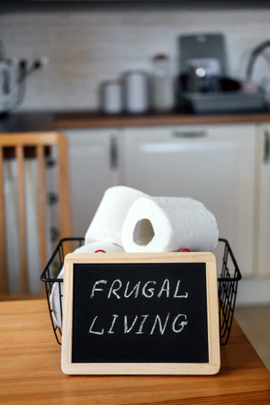 Frugal living, save money, live cheap concept with toilet paper basket and Frugal living text in frame on kitchen table at homeの写真素材