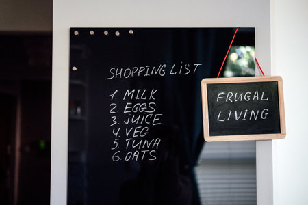 Frugal living, save money, live cheap concept with shopping list on letterboard and Frugal living text in frame in kitchen at homeの写真素材