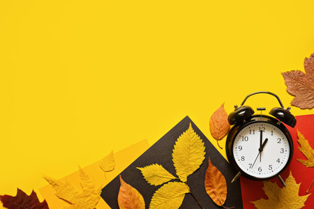 Daylight saving day. Fall Back. Black Alarm clock and autumn leaves on yellow background. Daylight...